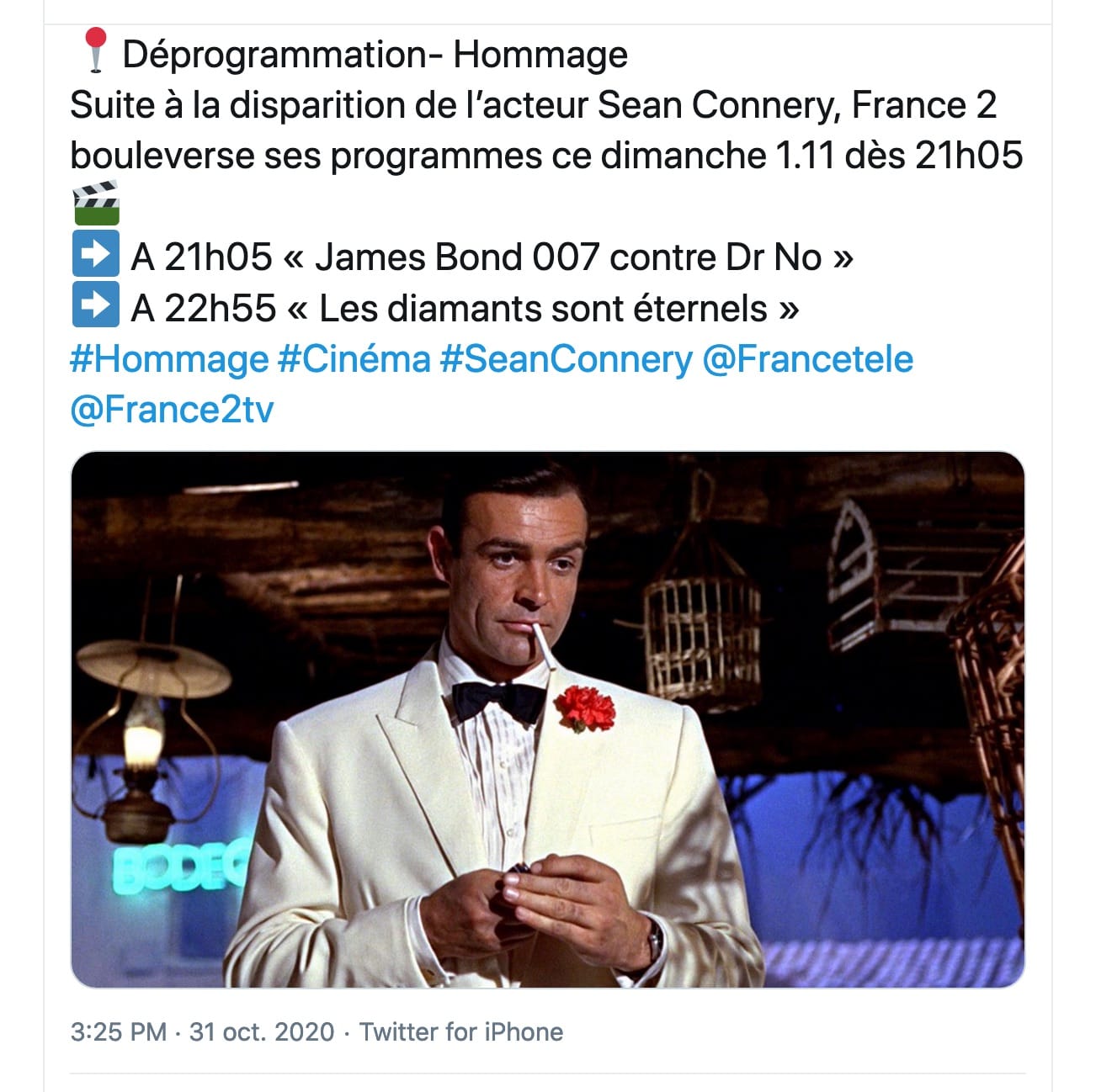 Capture d’écran twitter France 2 hommage Sean Connery